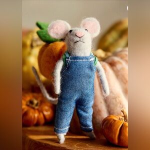 Pumpkin Backpack Mouse Felt Critter Handcrafted Felt Mouse in Blue Overalls